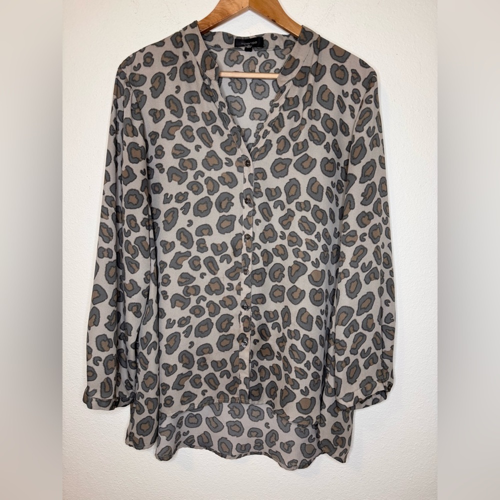 Spense Gray/Tan Leopard High Low Blouse